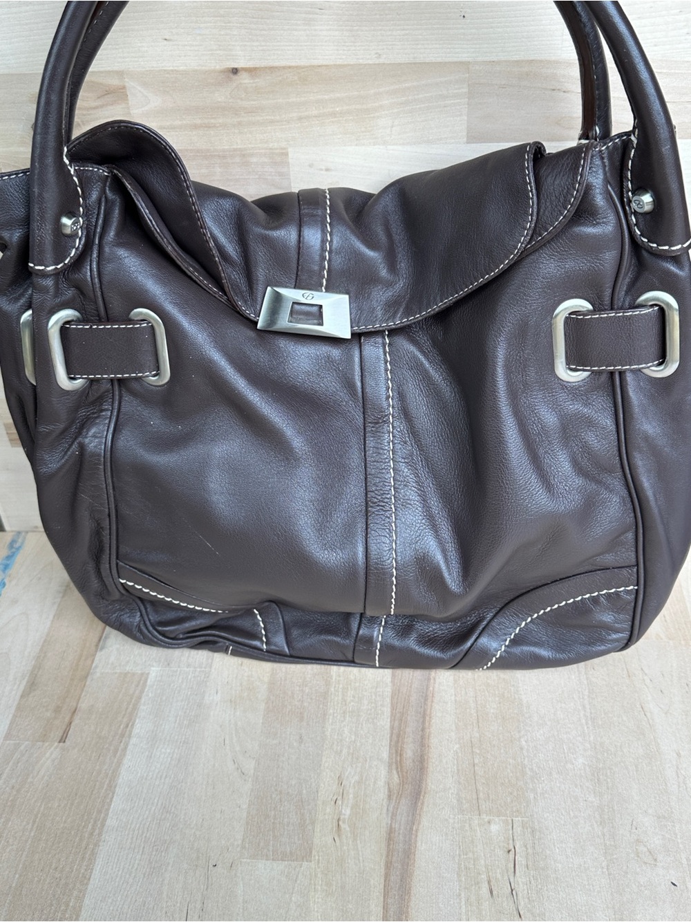 Vintage Francesco Biasia Brown Leather Tote with cream Stitching